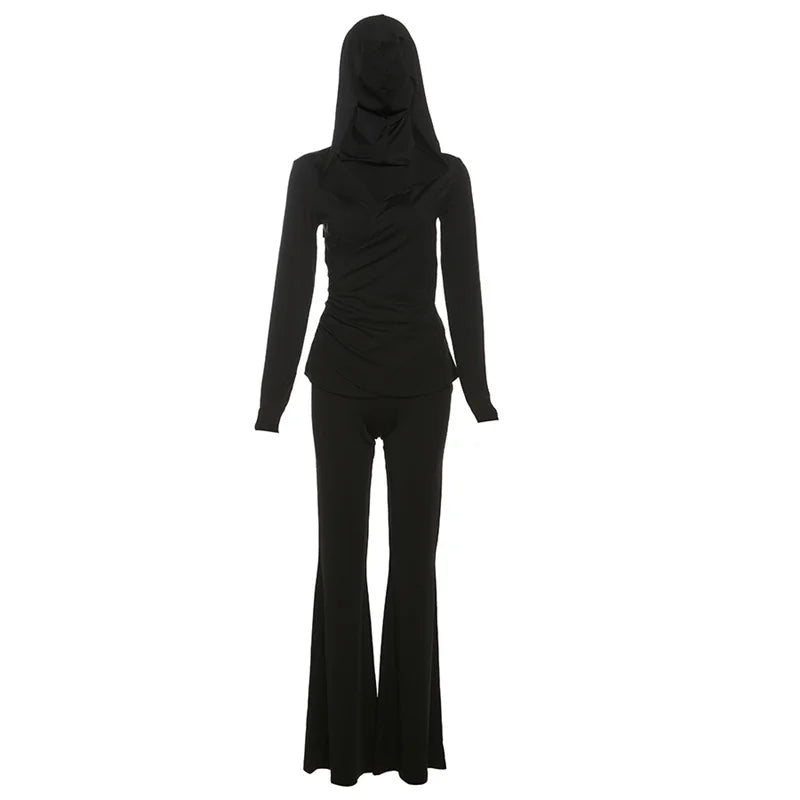 Elegant Nibber Pleats Two Piece Set for Women Hooded Low Neck Long Sleeve Top with Solid Flared Pants Casual Matching Trendy Outfit