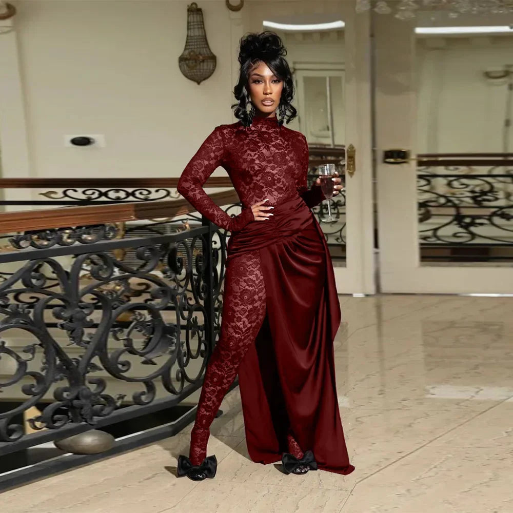 Sexy Sheer Floral Lace Jumpsuit with Overlay Skirt Stretchy Skinny One Piece Romper for Nightclub Party Women Clubwear