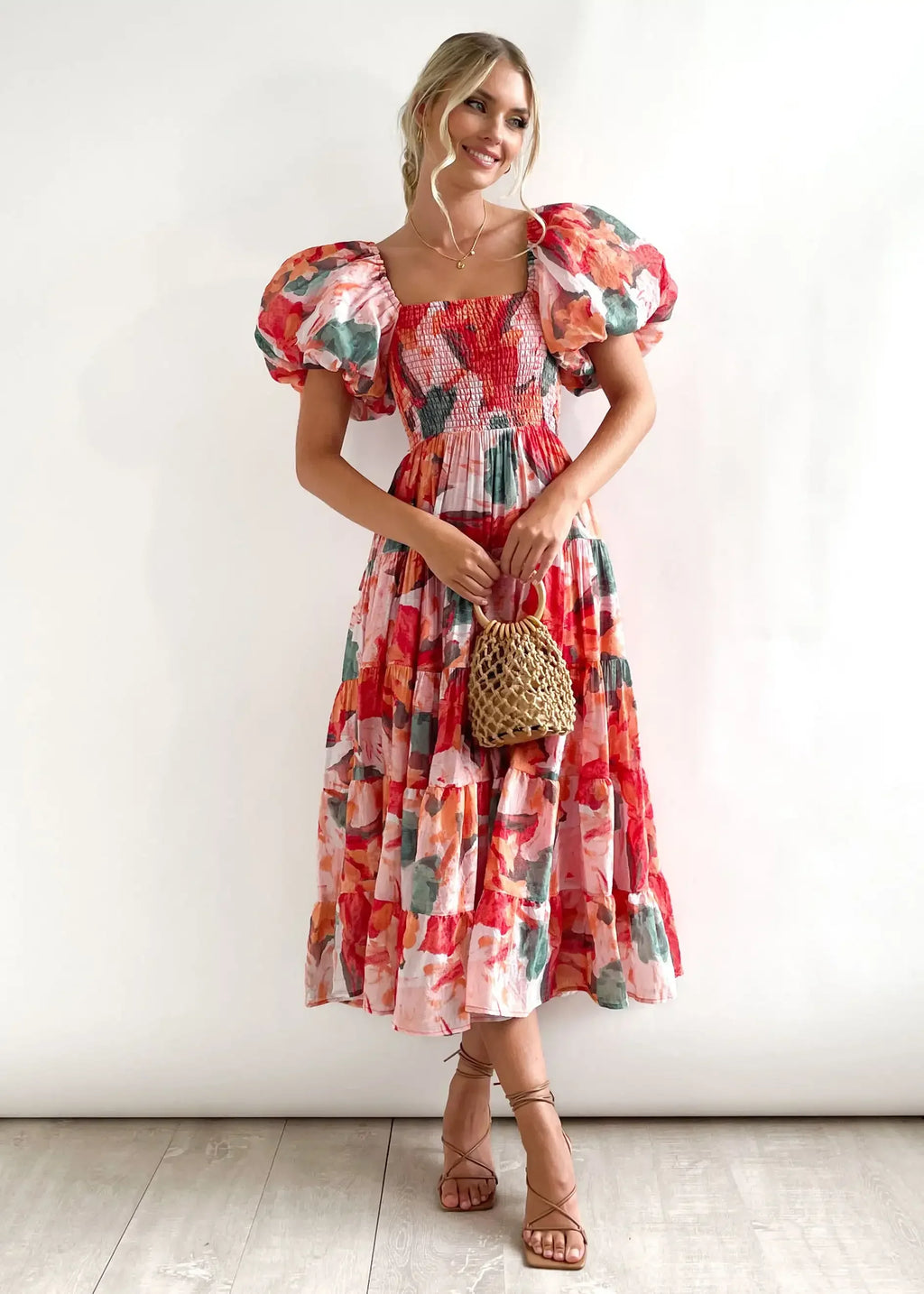 One Shoulder Summer Dress With Square Neck Lantern Sleeves