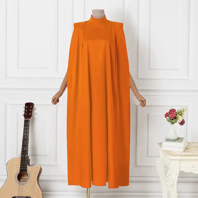 Satin Pleated Evening Dress With Stand Collar Long Sleeve