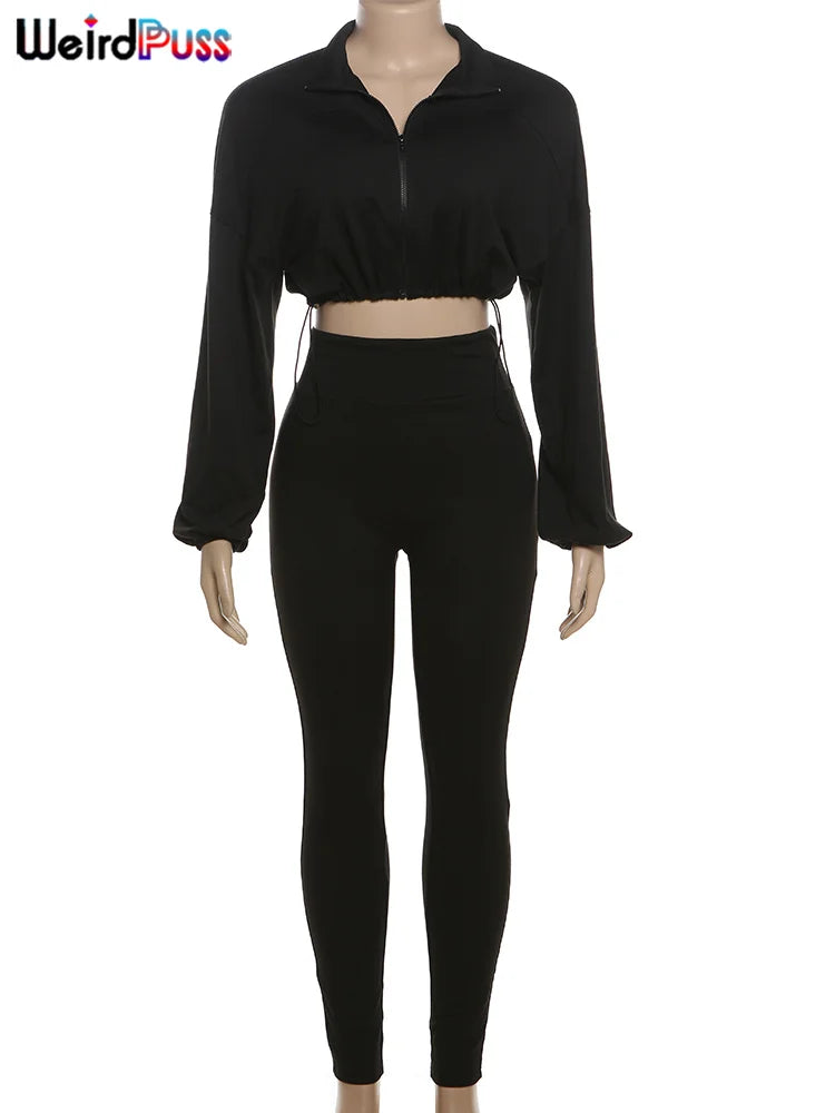 Weird Puss Tracksuit Women 2 Piece Set Casual Zip Thin Drawstring Crop Jacket and Leggings Matching Sporty Suit