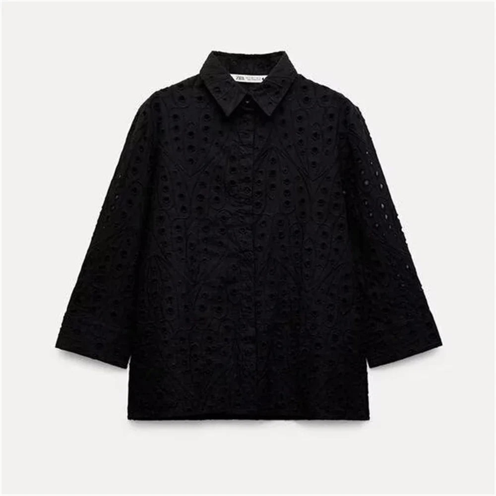 Women's Autumn Hollow Embroidery Poplin Lapel Single Breasted Shirt Stylish Slim Fit Office Casual Blouse