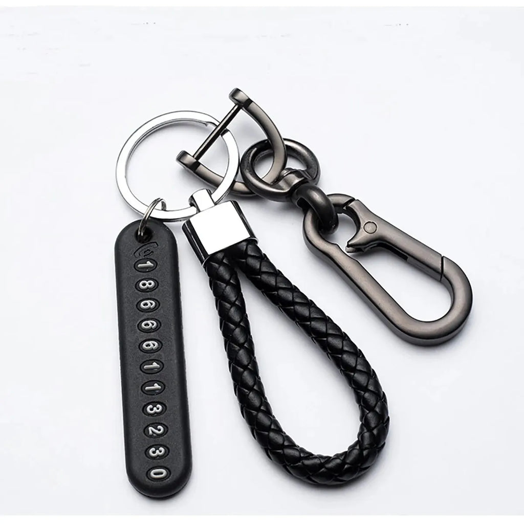 Trendy DIY Mobile Phone Number Plate Keychain for Men with Woven Leather Rope and Anti-Lost Design