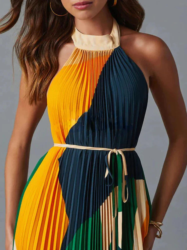 Elegant Backless Pleated Printed Dress For Summer Women