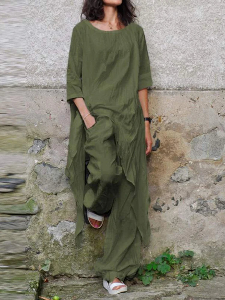 Casual Loose Cotton Linen Top with Irregular Hem and Round Neck Paired with Elegant Loose Leg Pants Two Piece Set