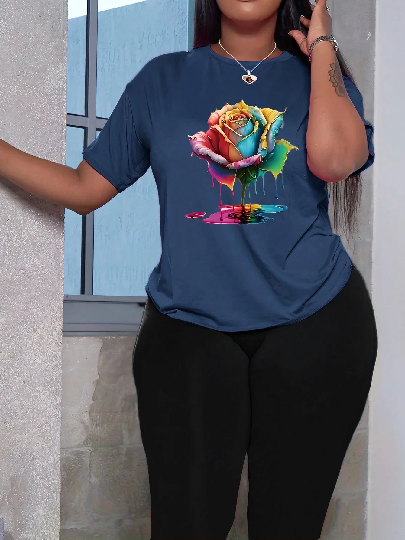 Colorful Floral Print Women Two Piece Set with Short Sleeve T-Shirt and Comfortable Elastic Capri Leggings