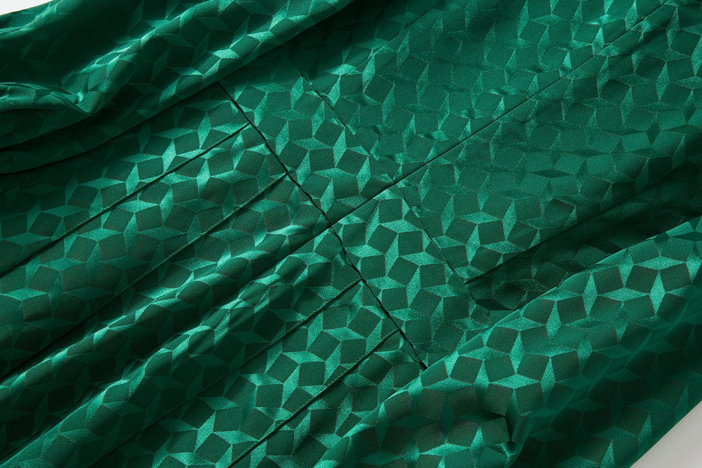 Elegant Green Pleated Long Sleeve Dress With Bow Collar