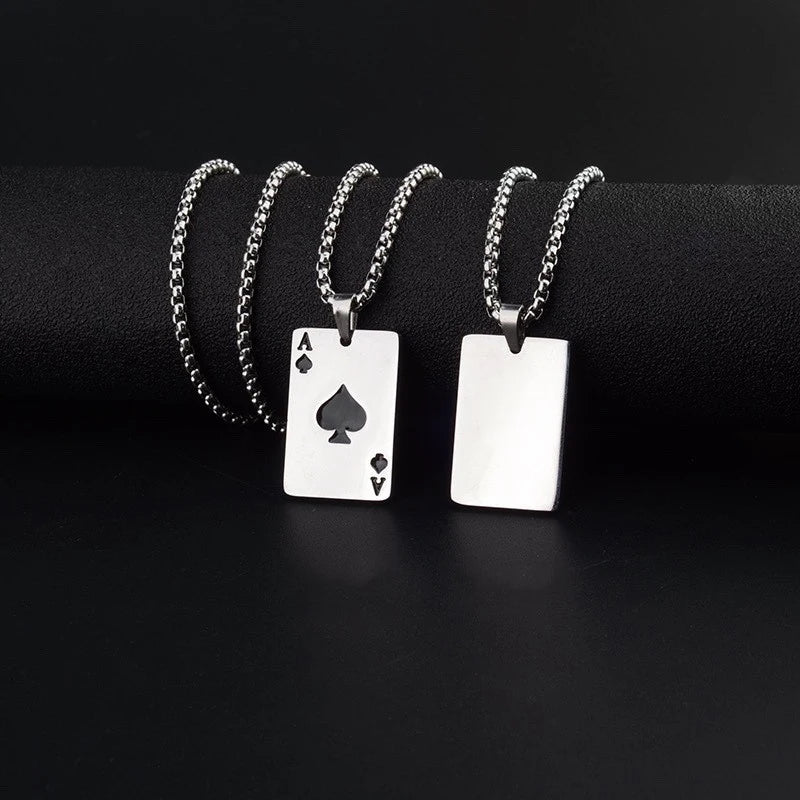 Hip Hop Stainless Steel Ace of Spades Pendant Necklace Set for Men and Women