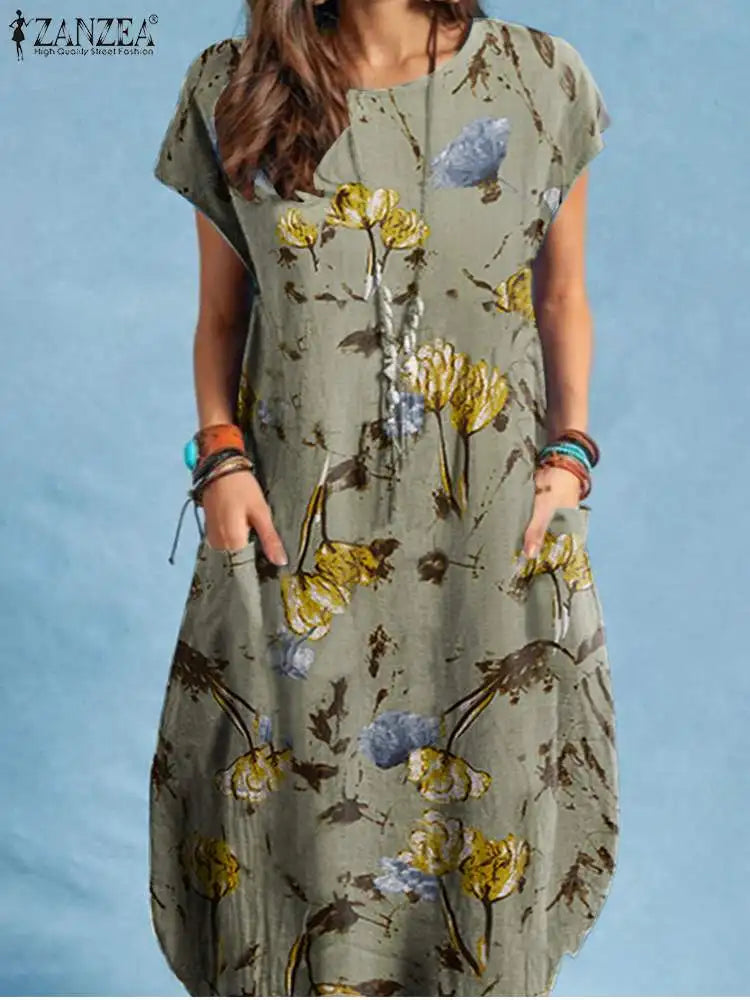 Bohemian Floral Print Midi Dress For Women Summer Beach