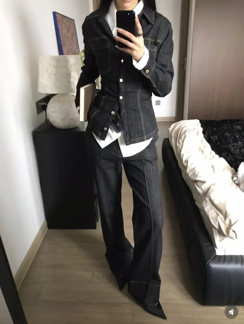 Women's Slim-Fit Denim Shirt with Stretch Waist and Flare Trousers for Comfortable Spring Style