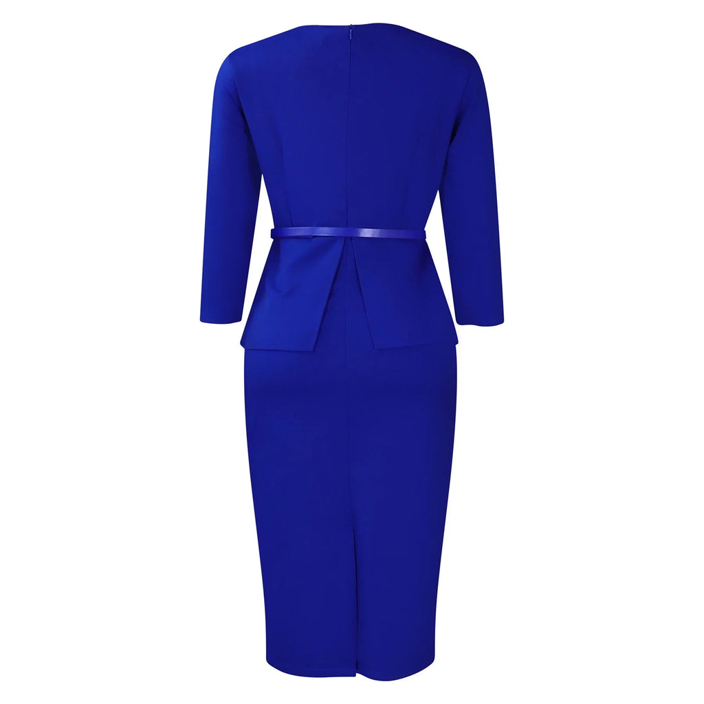 Women's Office Dress Sheath Belted Mid Calf Formal Wear