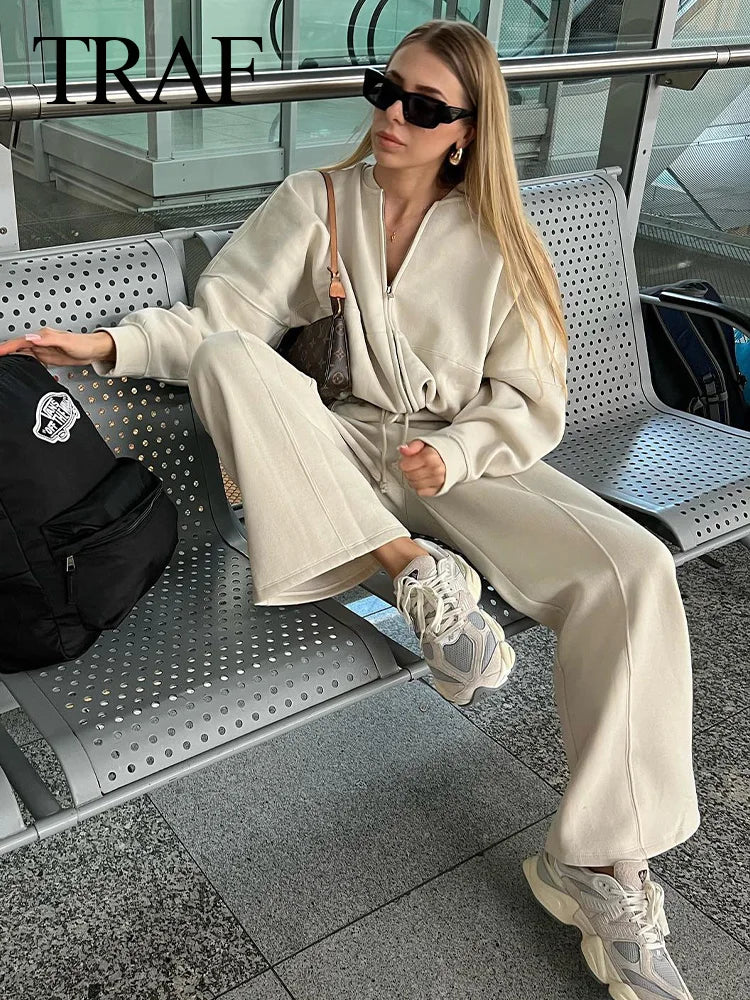 Autumn Women's Thick Hoodie Coat with Drawstring High Waist Loose Casual Pants Set Soft Fleece Lined Streetwear