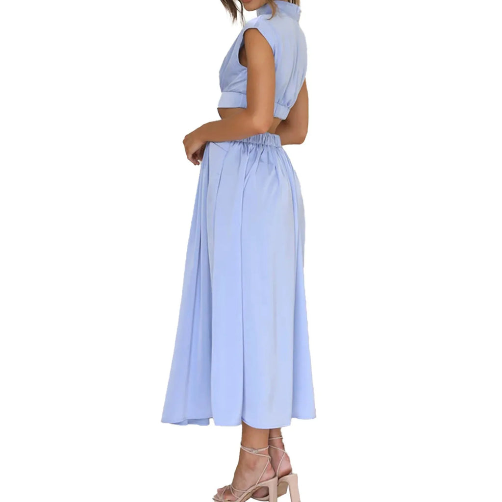 Solid Color High Waist Maxi Dress Sleeveless With Pockets