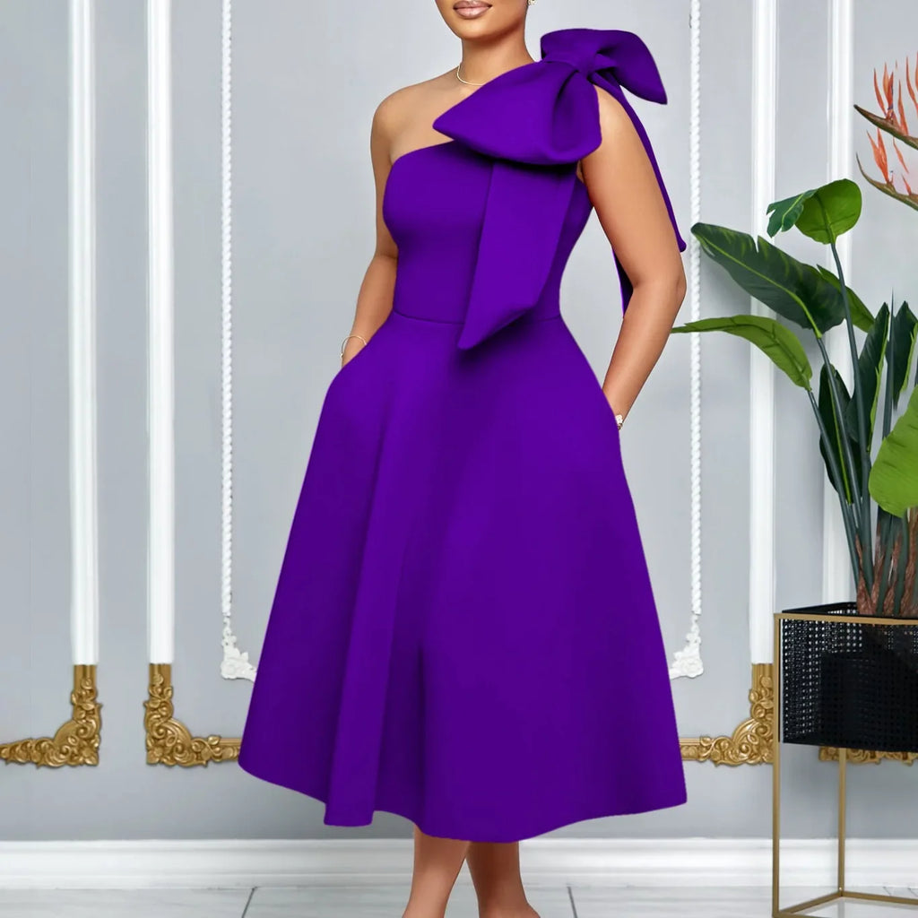 One Shoulder Bow Dress A Line Pleated Mid Calf Party Dress