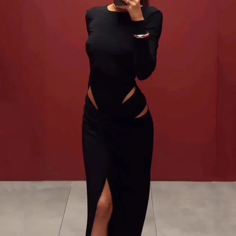 Long Sleeve Hollow Out Evening Dress With Irregular Slit