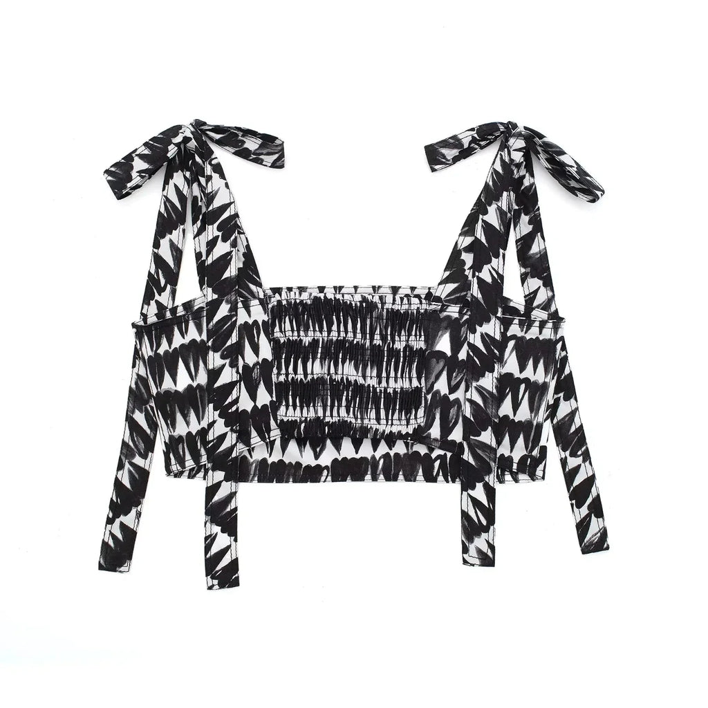 Women's Fashion Print Set Sexy Backless Sleeveless Slim Lace-Up Corset Crop Top with Elegant A-Line Pleated Midi Skirt