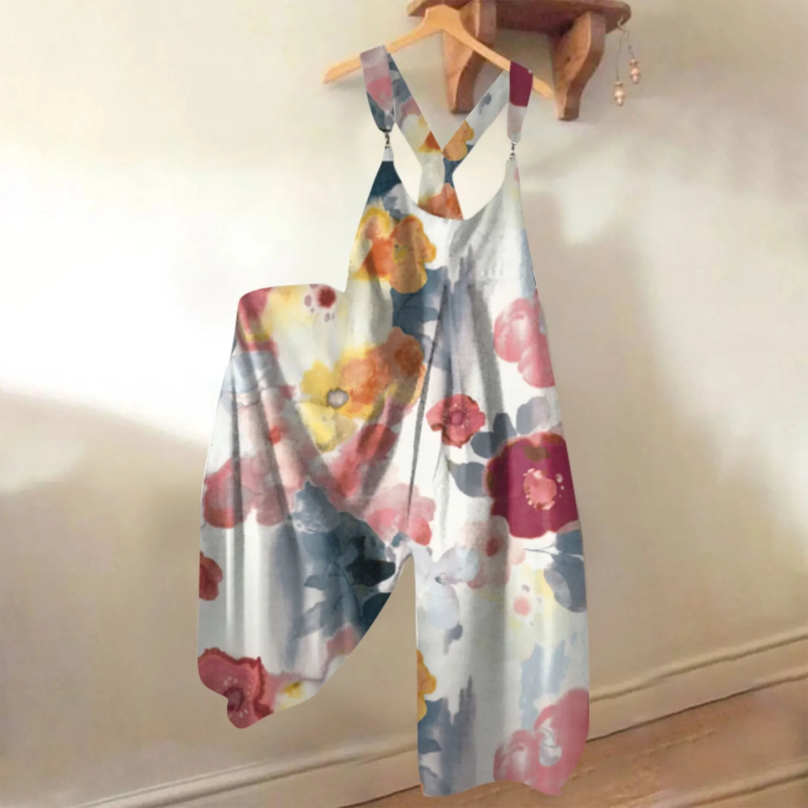 Wide Leg Sleeveless Overalls for Women Casual Loose Fit Jumpsuit with Retro Print Metal Buttons Long Pants Romper with Functional Pockets