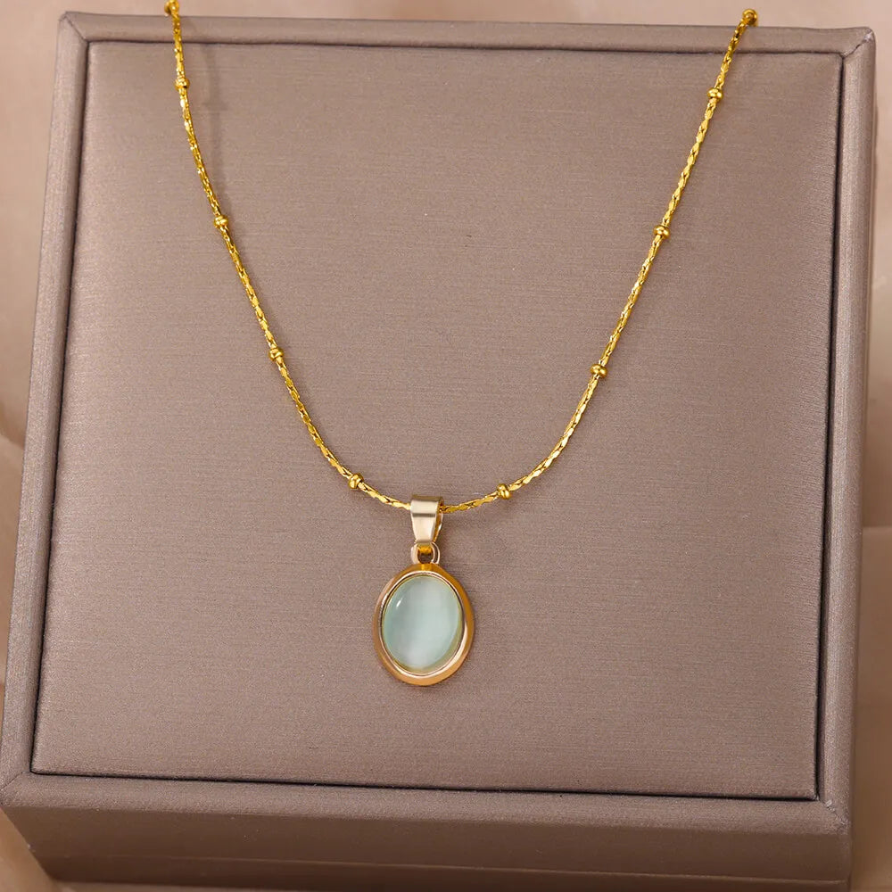 Gold Color Opal Oval Necklace for Women Stainless Steel Pendant Jewelry Gift