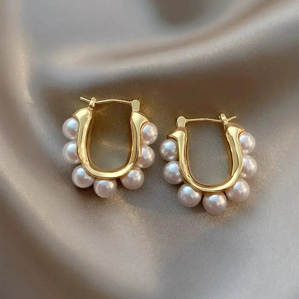 Elegant Gold U-shaped Hoop Earrings with Imitation Pearls for Weddings and Parties