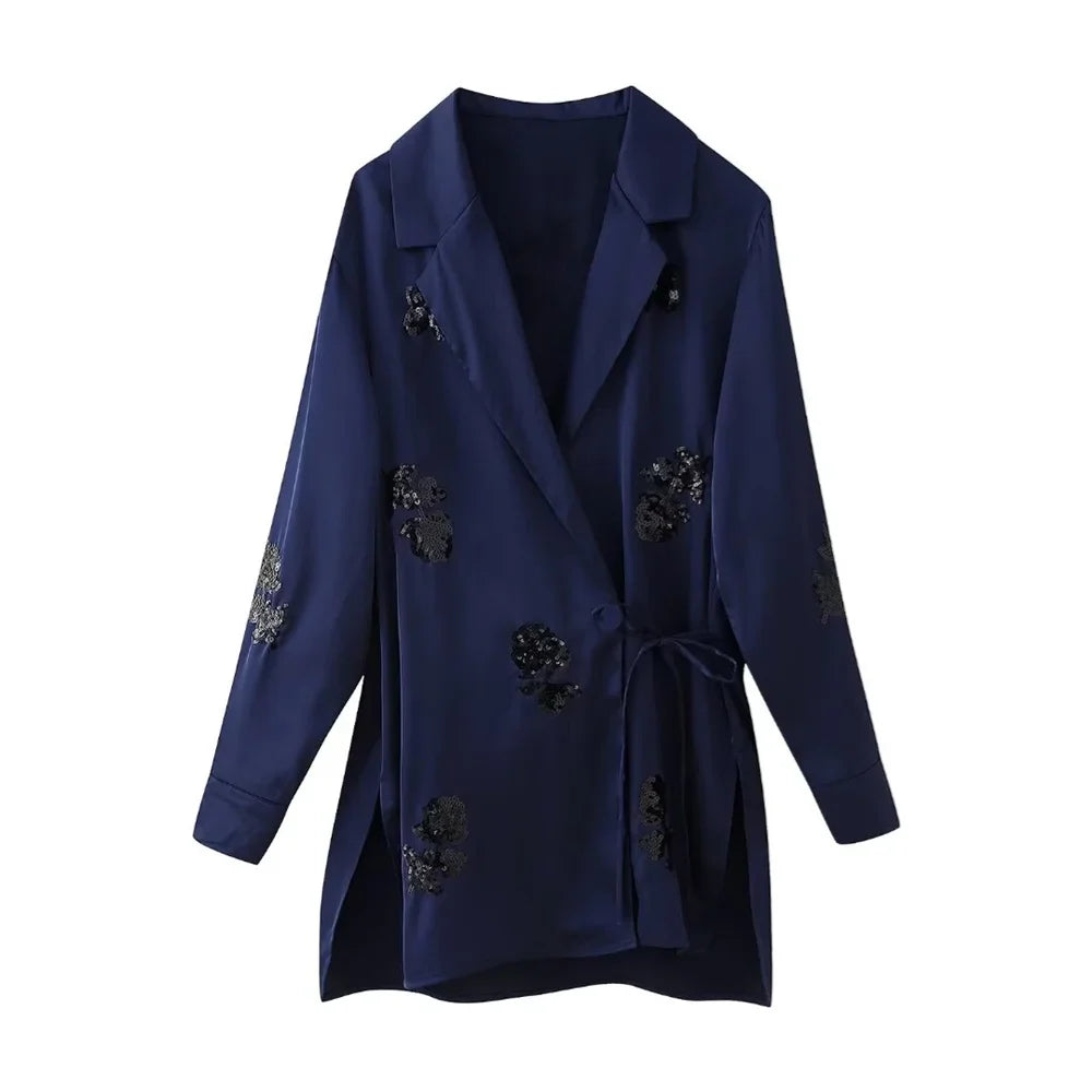 Women's Casual Polo Collar Long Sleeved Sequin Satin Kimono Coat and Bead Pants Set