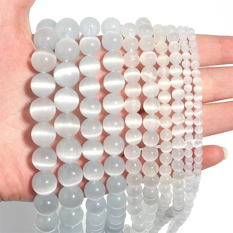 Natural Moonstone Beads White Cat Eye Round Loose Beads for Jewelry Making DIY Bracelet 15 Inch Strand
