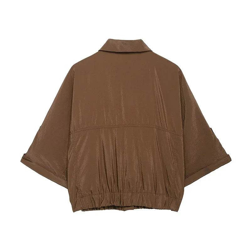 Chic Women's Brown Two Piece Set with Single Breasted Shirt and Vintage Elastic Waist Trousers