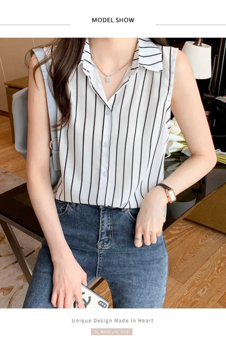 Striped Sleeveless Chiffon Blouse for Women Summer Vest Casual Lightweight Tops Basic White Shirt
