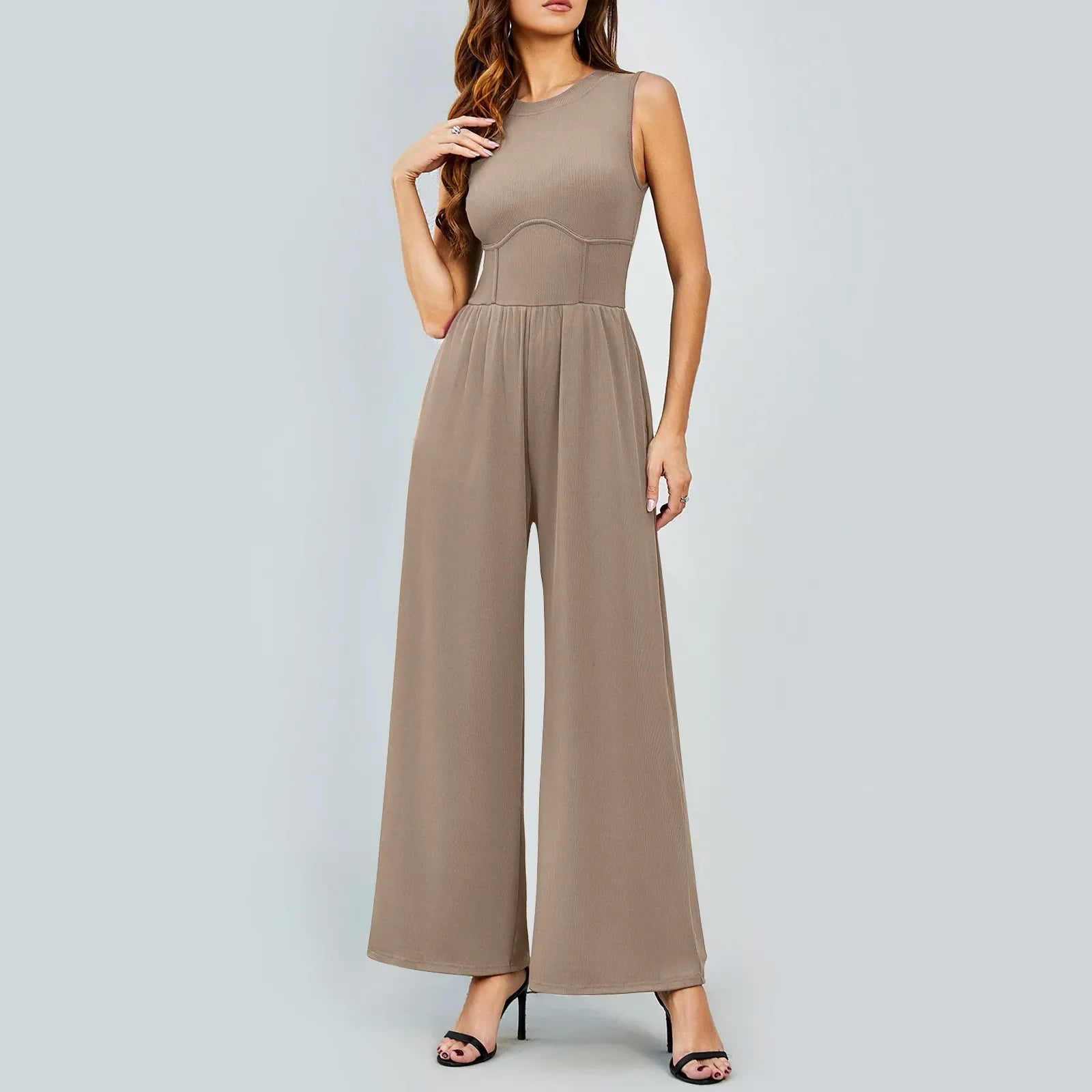 Women Sleeveless High Neck Ribbed Tank Top Jumpsuit Wide Leg Pants Romper with Tummy Control and High Waist Casual Summer Outfit
