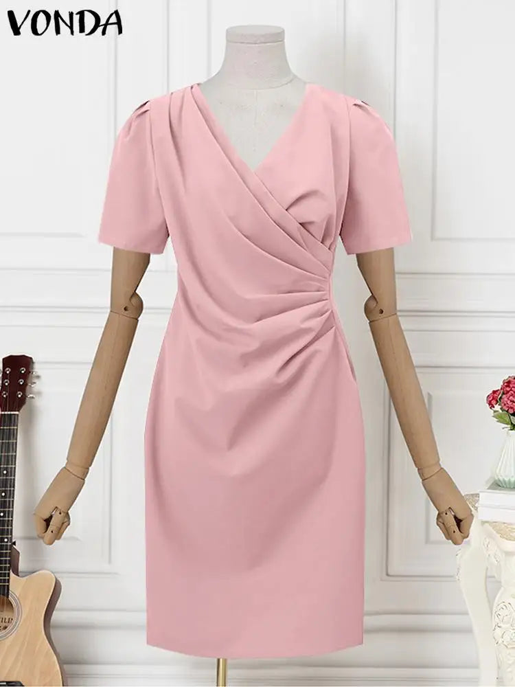 Elegant Women Office Dress V Neck Solid Color Short Sleeve