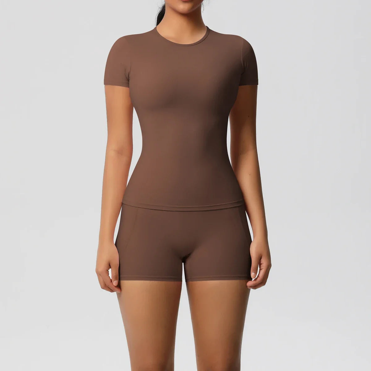 2PCS Women's Yoga Set with Pocketed Shorts and Short Sleeve Crop Top Sports Bra Comfortable Fitness Tracksuit Activewear for Gym and Outdoor Workouts