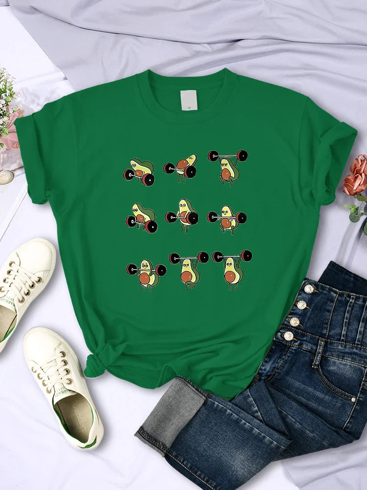 Avocado Cartoon Weightlifting T Shirt for Women Casual Short Sleeves Korean Hip Hop Style