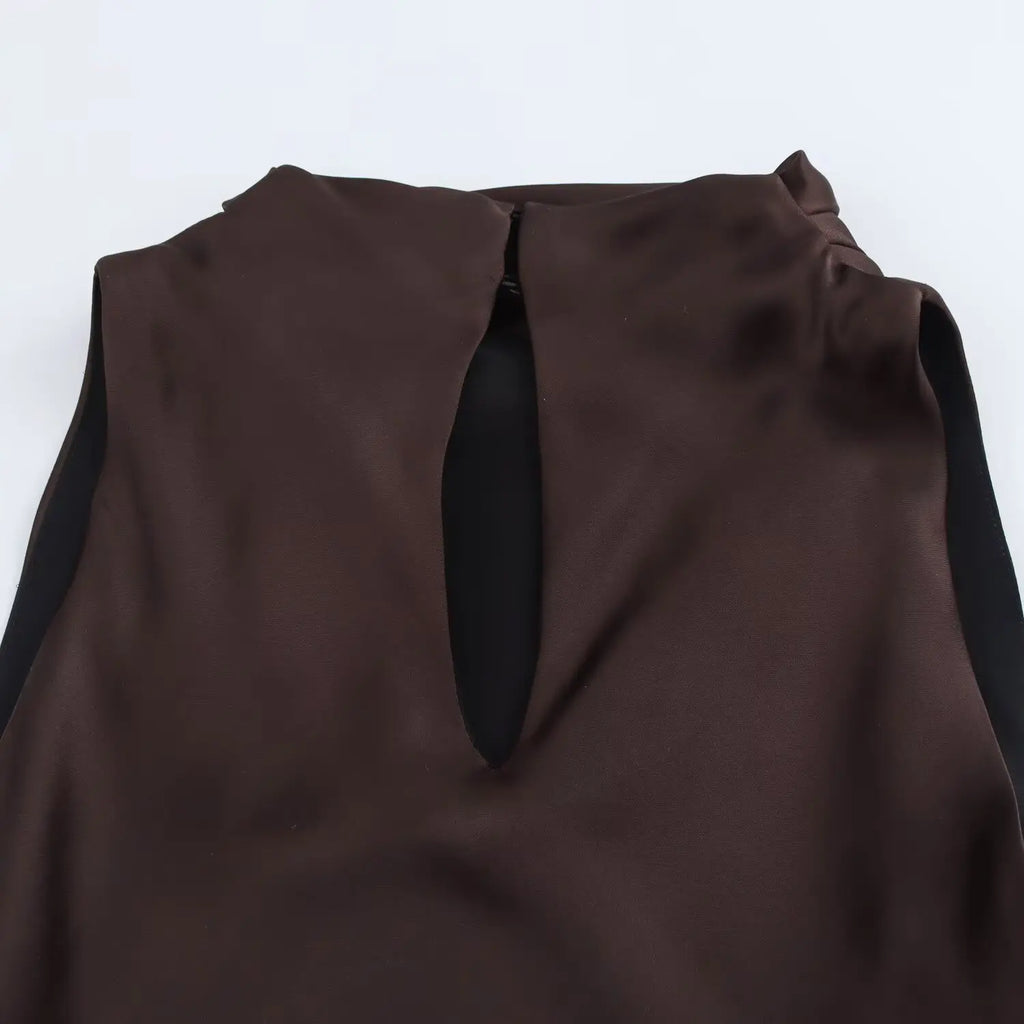 Elegant Satin Belt Midi Dress For Women Vintage Brown