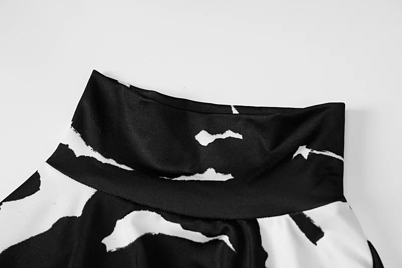 Cow Print Maxi Dress Long Sleeve Turtleneck Bodycon Party