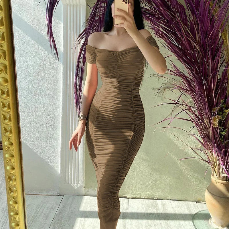 One Shoulder Pleated Dress in Solid Color for Summer