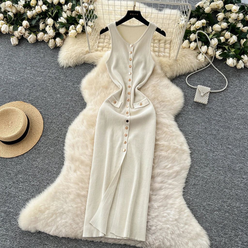 Elegant Solid Knitted O Neck Sleeveless Midi Dress Buttons
