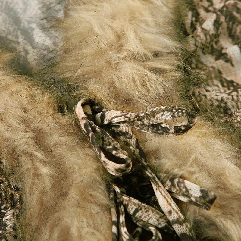 Casual Leopard Fur Trim Sheer Mesh V-Neck Long Sleeve Slim Bandage Blouse for Women