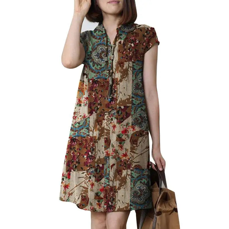 Bohemian Floral Knee Length Sundress For Summer Vacation