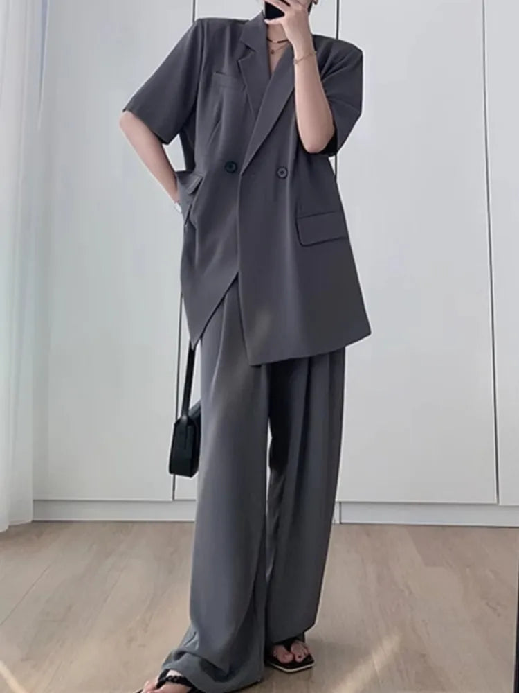 Short Sleeve Wide Leg Pants Blazer Suit Set for Women Summer Business Casual Attire