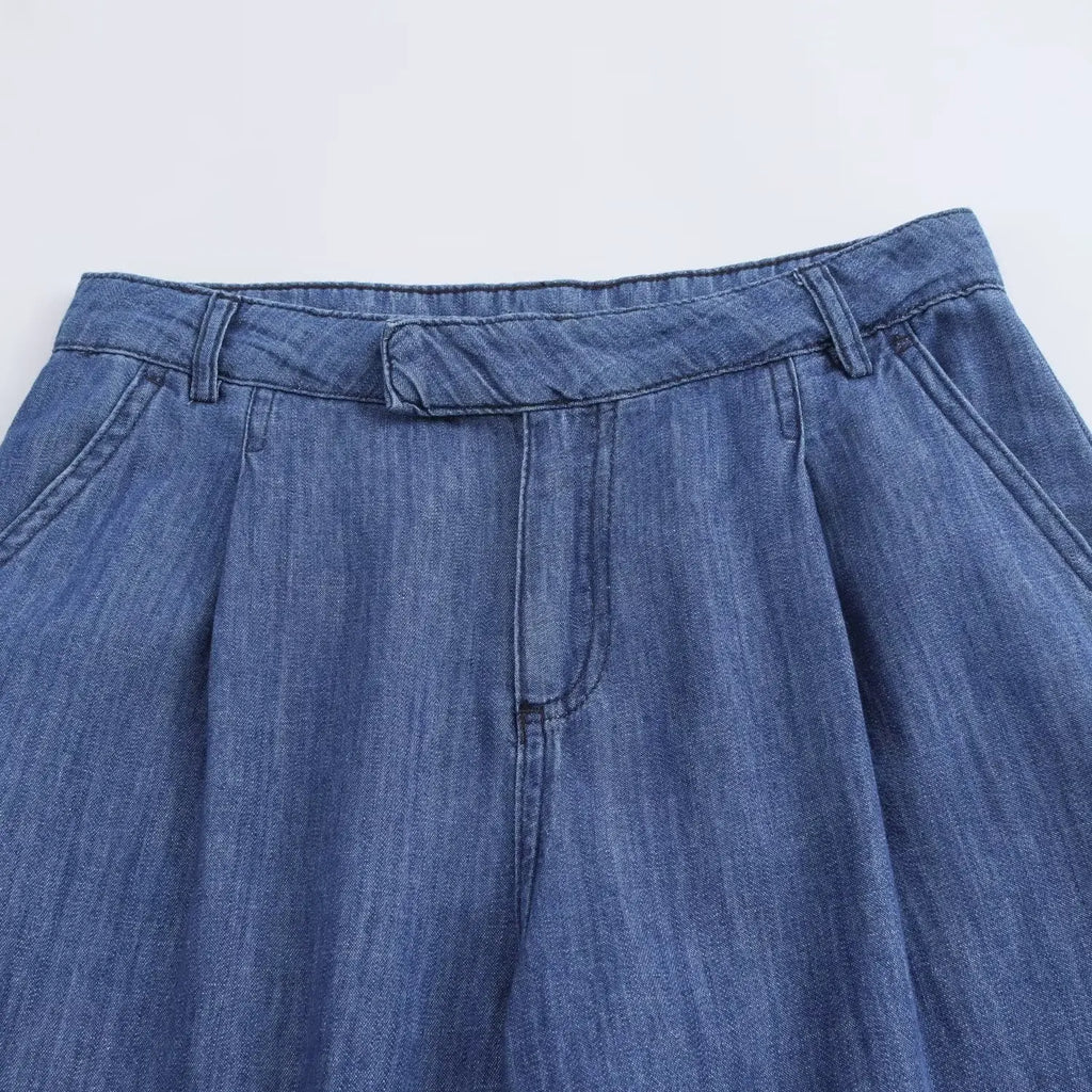 Women's Slim Fit Denim Shirt with Bow Decoration and Wide Leg Loose Long Suit