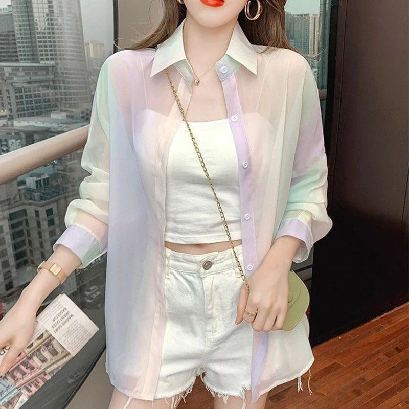 Irregular Gradient Rainbow Color Sheer Turn-Down Collar Long Sleeve Loose Fit Women's Casual Blouse Top