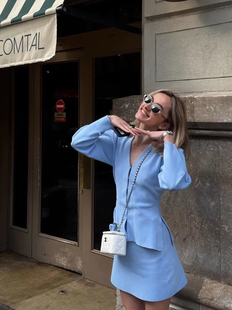 Women's Knit Tailored Cardigan and Skirt Set V-Neck Long Sleeve Jacket with High Waist Elastic A-Line Mini Skirt Stylish Two-Piece Outfit