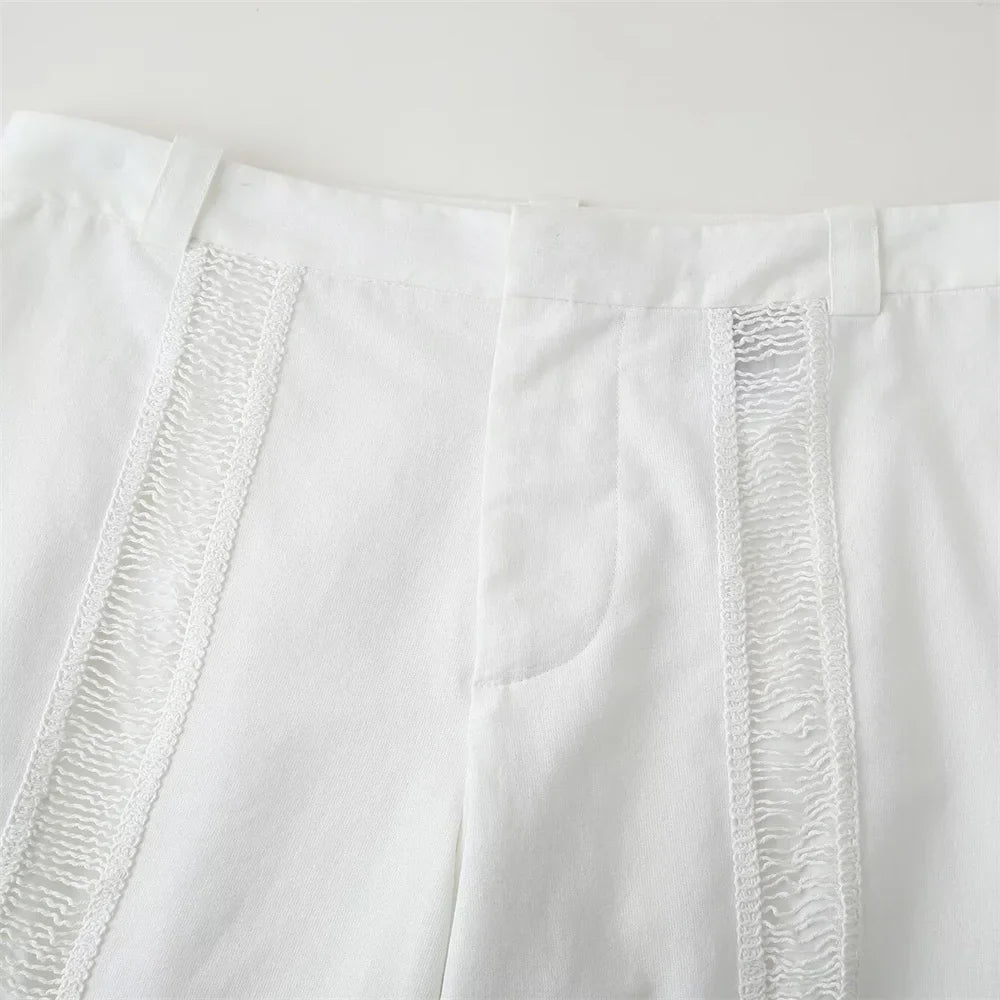 Women White Long Sleeve Blouse and Wide Leg Pants Set with Lace Trim Elegant Design