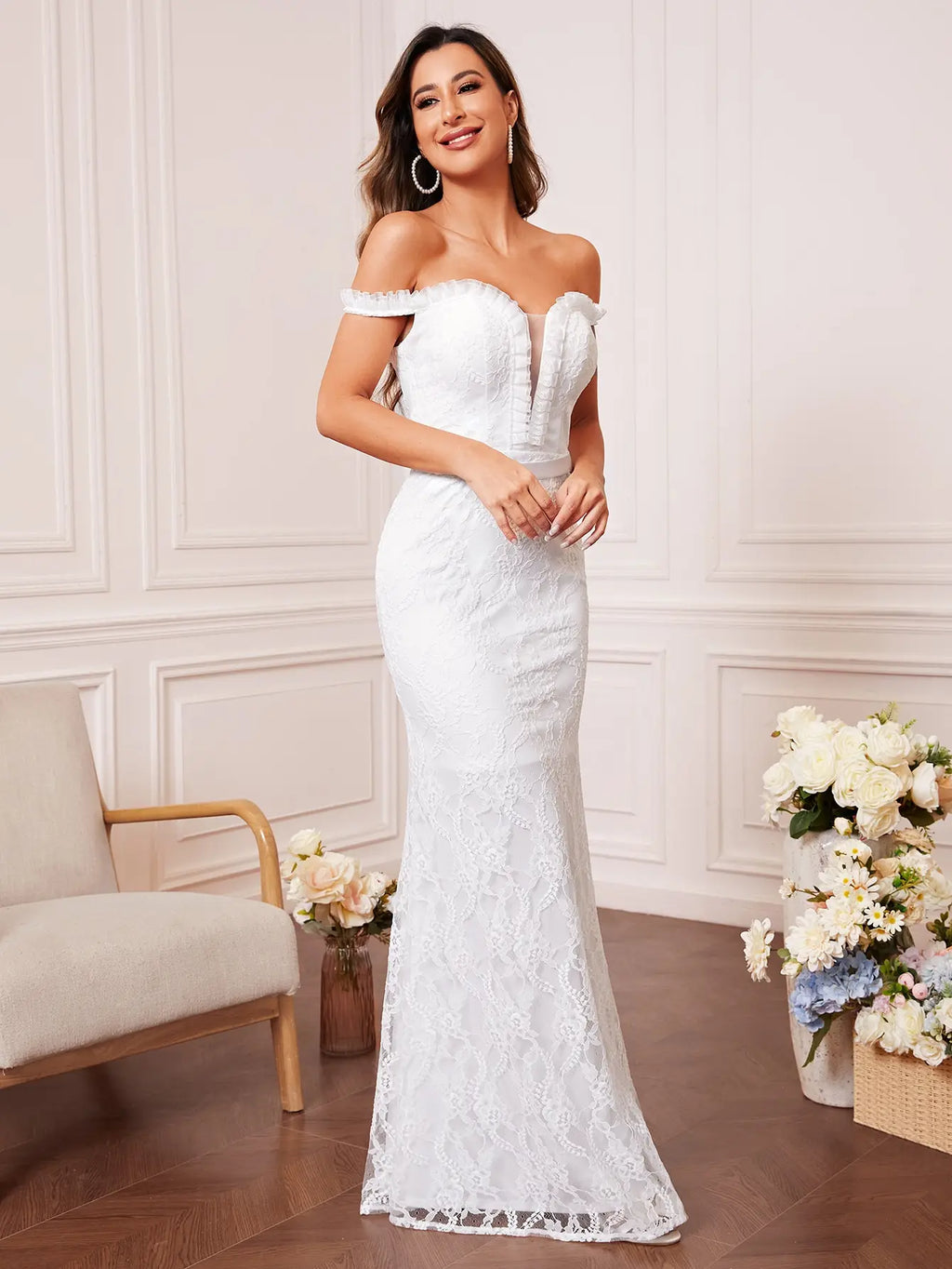 V Neck Lace Belt Fishtail Dress For Evening Party Gown