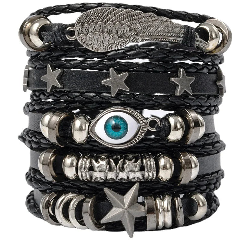 Punk Style Evil Eye Skull Bracelet Set with Adjustable PU Leather and Beads - 4/5/6 Pieces