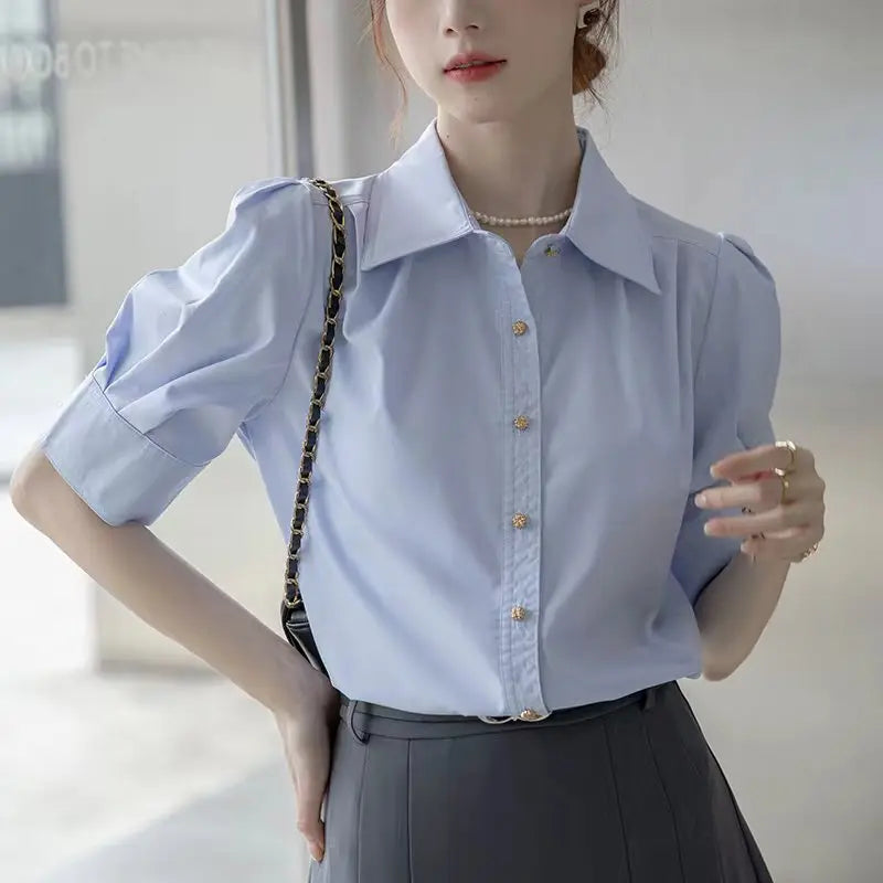 Elegant Summer Short Sleeve Office Shirt for Women Solid Color Basic Button-Up Blouse Stylish and Comfortable Female Workwear Top