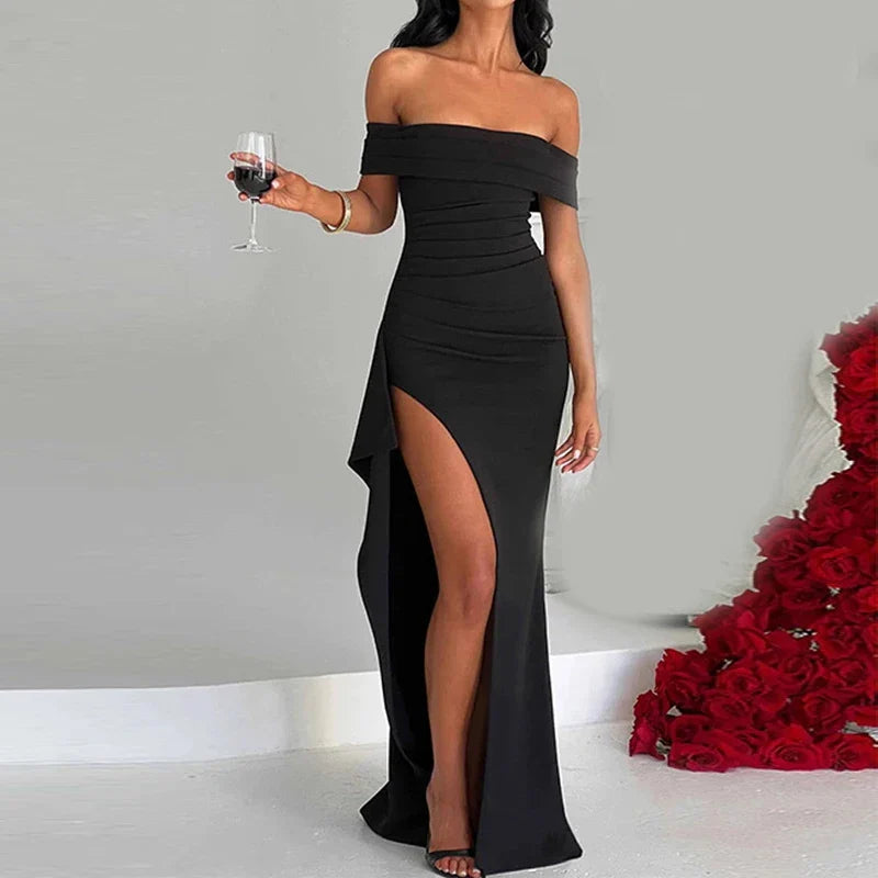 Elegant Black Backless Slash Neck Party Dress For Women