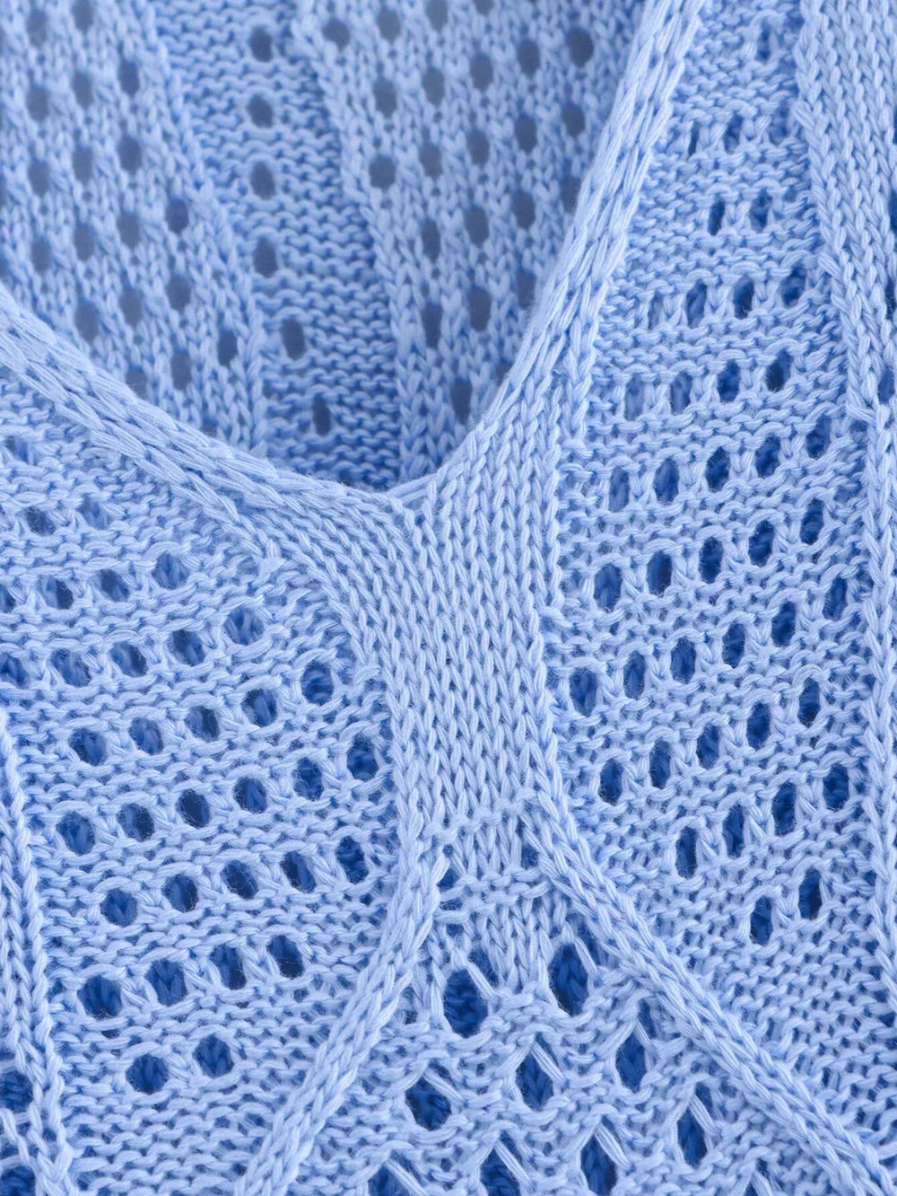 Blue Knit Beach Maxi Dress V Neck Long Sleeve Sheer