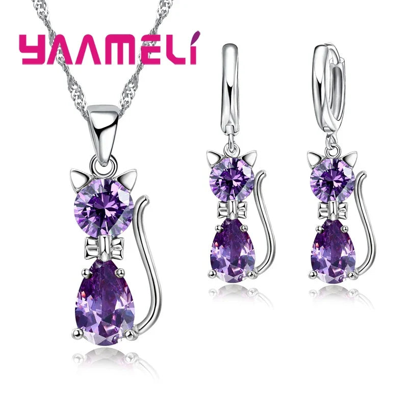 925 Sterling Silver Cat Pendant Necklace and Huggie Earring Jewelry Set with Shining Austrian Crystal for Women and Girls