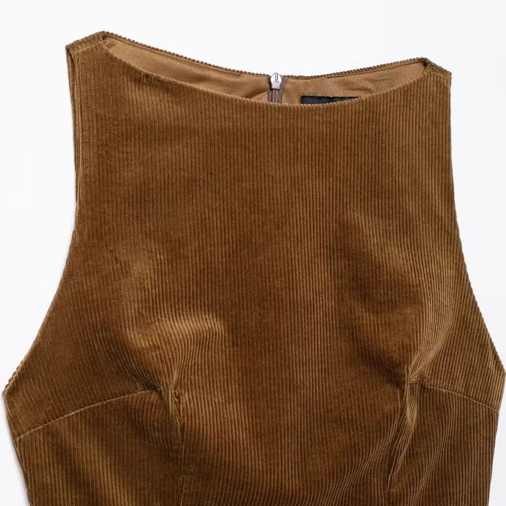Corduroy Mini Dress With Belt O Neck Sleeveless Back Zipper