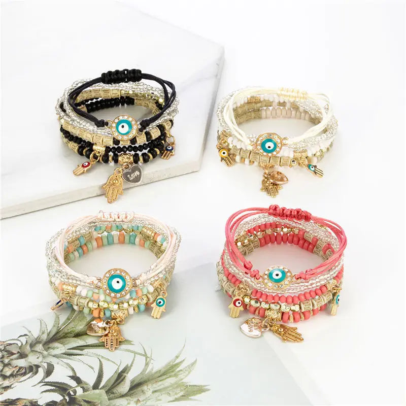 6 Pieces Bohemian Evil Eye Bracelet Set with Fatima Hand Heart Charm Beaded Rope Chain Bangles for Women